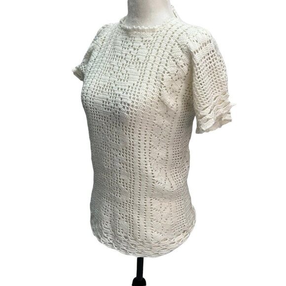 vintage Handmade Crochet White Short Sleeve Sweater Size S - Picture 3 of 9